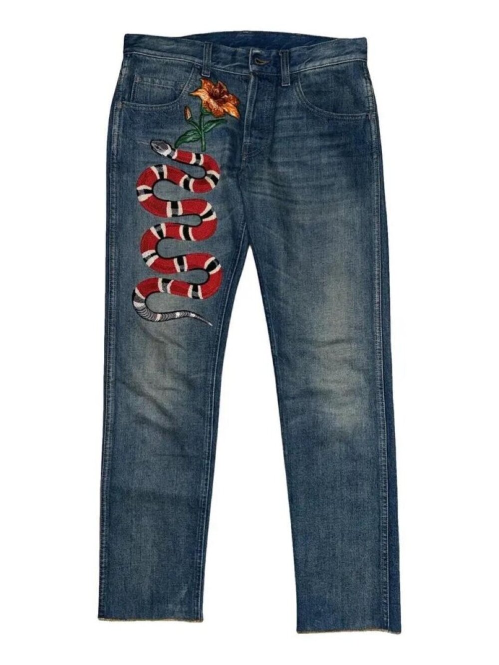 Gucci Mens Embroidered Snake & Flower Jeans Size 38 Blue Denim